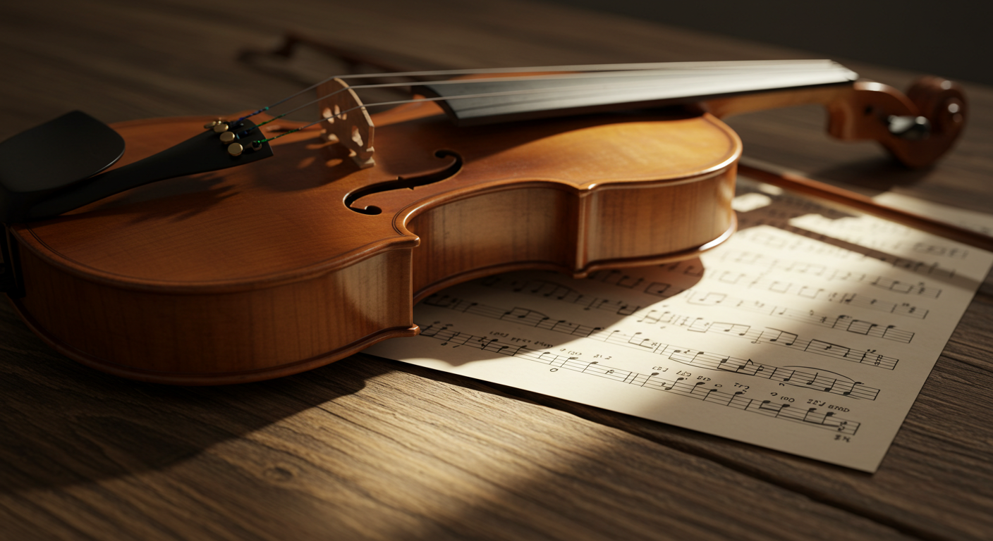 Close-up of a violin on a rustic wooden table with sheet music beside it #1