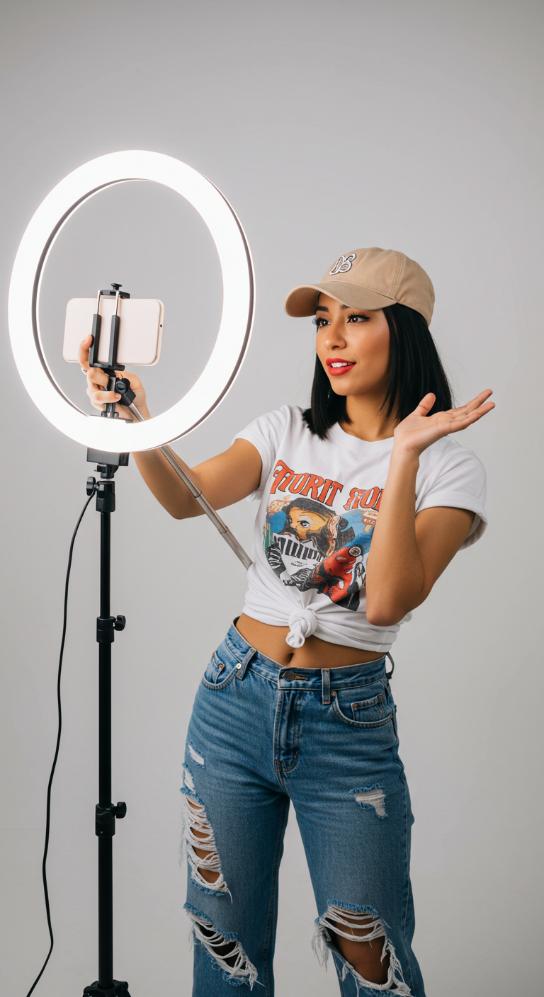 Young white female influencer taking a selfie with a ring light #3