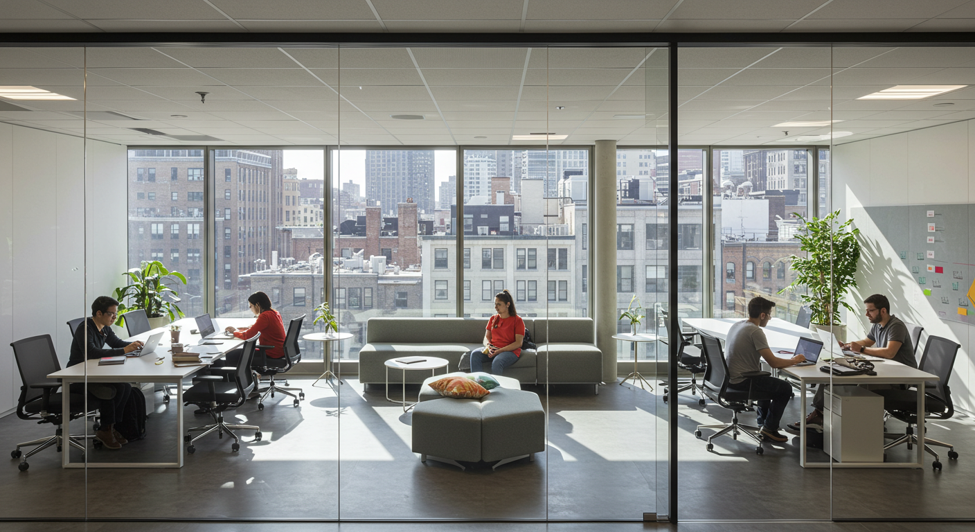 Modern open-plan office with glass walls, laptops on desks, and people #1