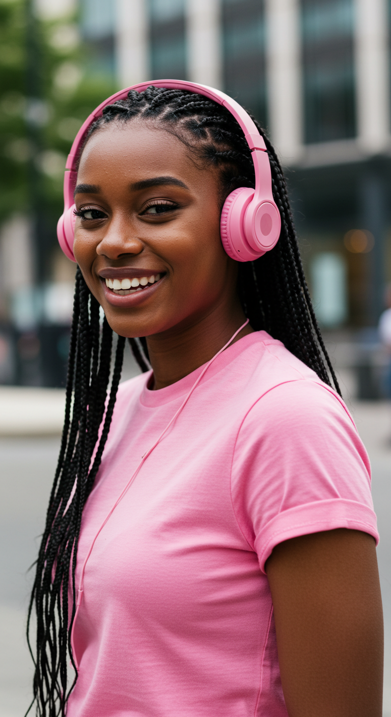 A young black lady in a pink shirt with pink headphones and smiling #2