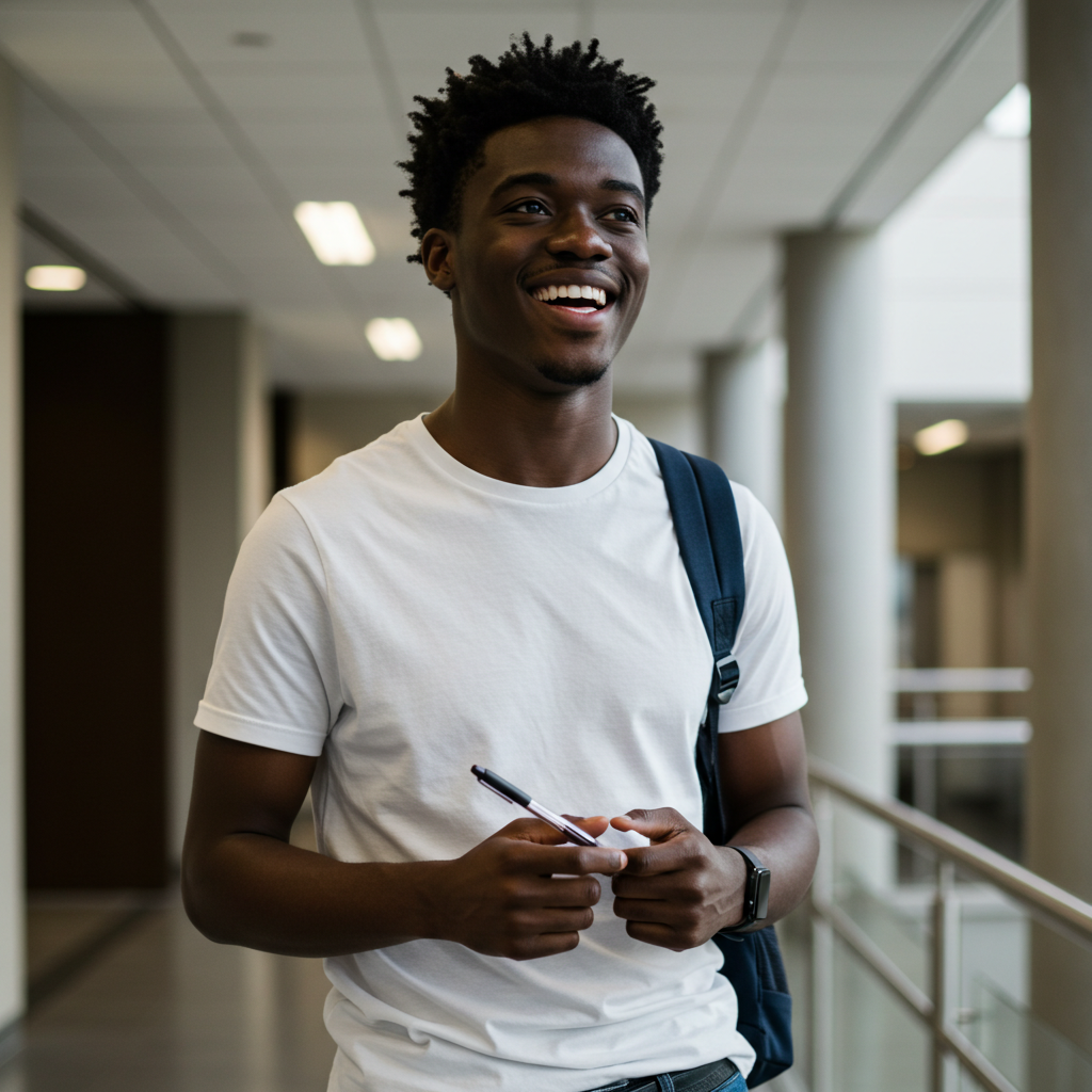 A young black male student holding her pen and smiling #2