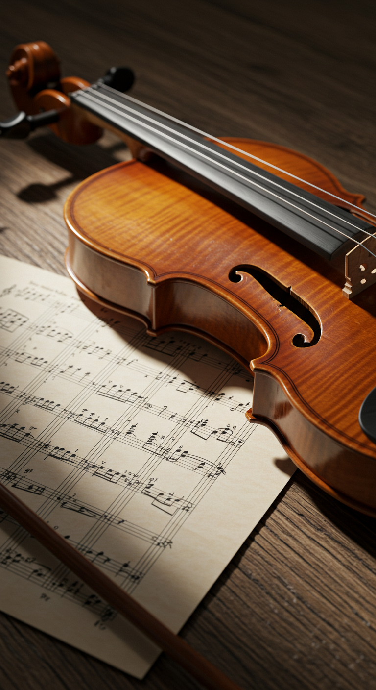Close-up of a violin on a rustic wooden table with sheet music beside it #3