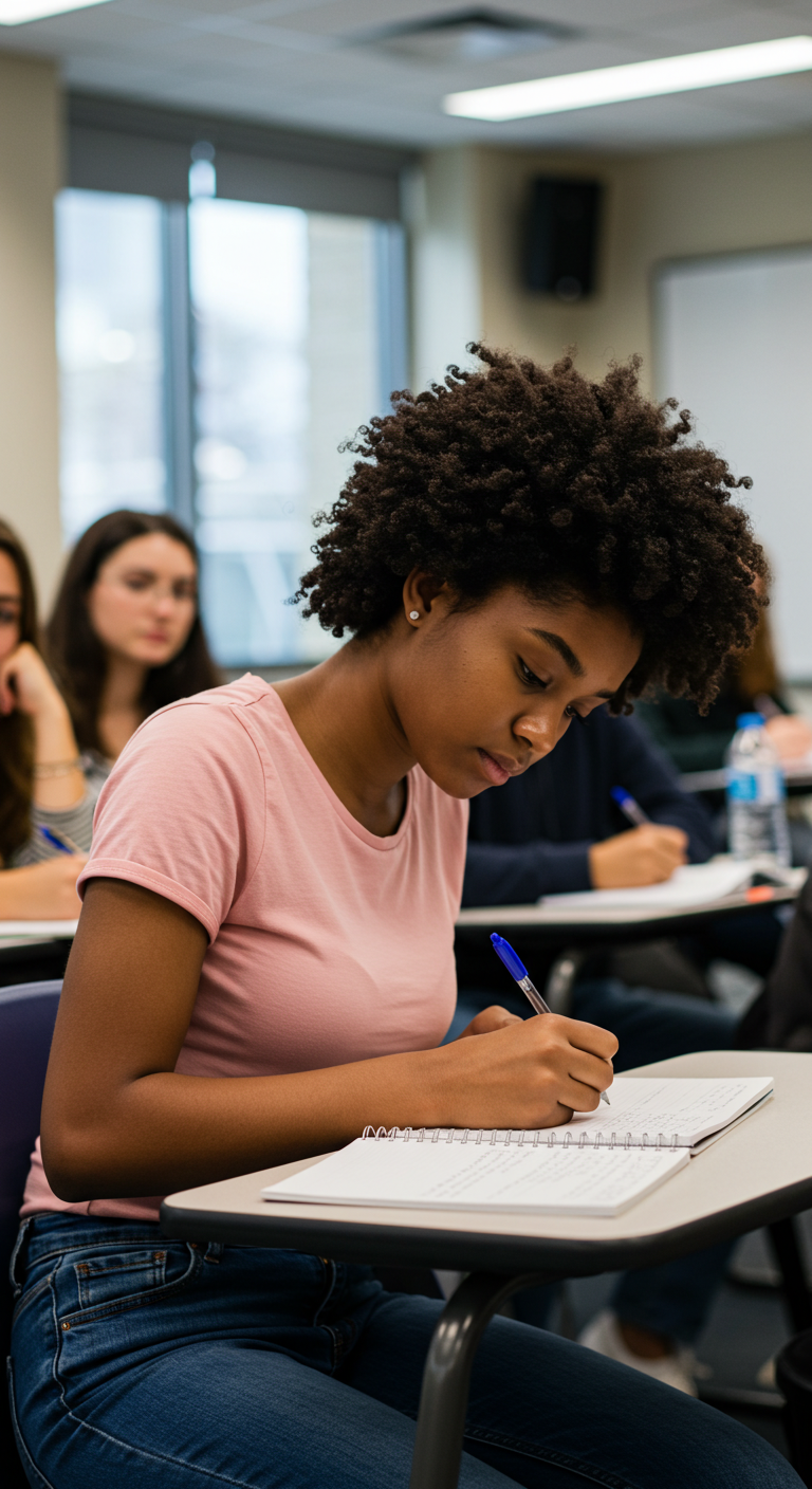 A young black female student writing in class #3