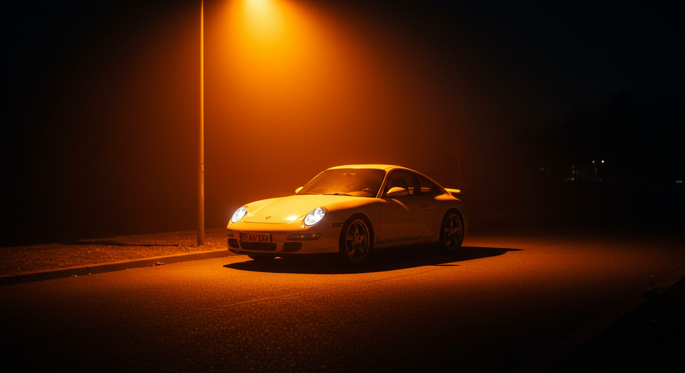 A white sports car parked under a street light at night #4