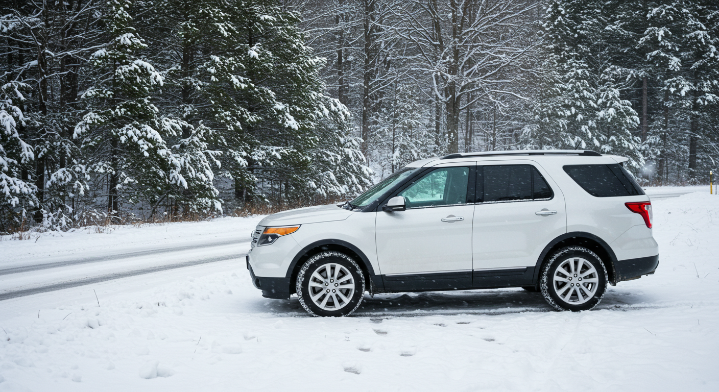 A white SUV parked on the road on a snowy day #1