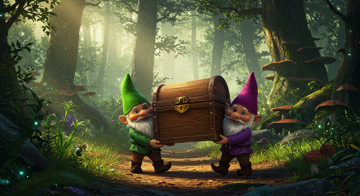 Two mischievous gnomes carrying a treasure chest through an enchanted forest #4