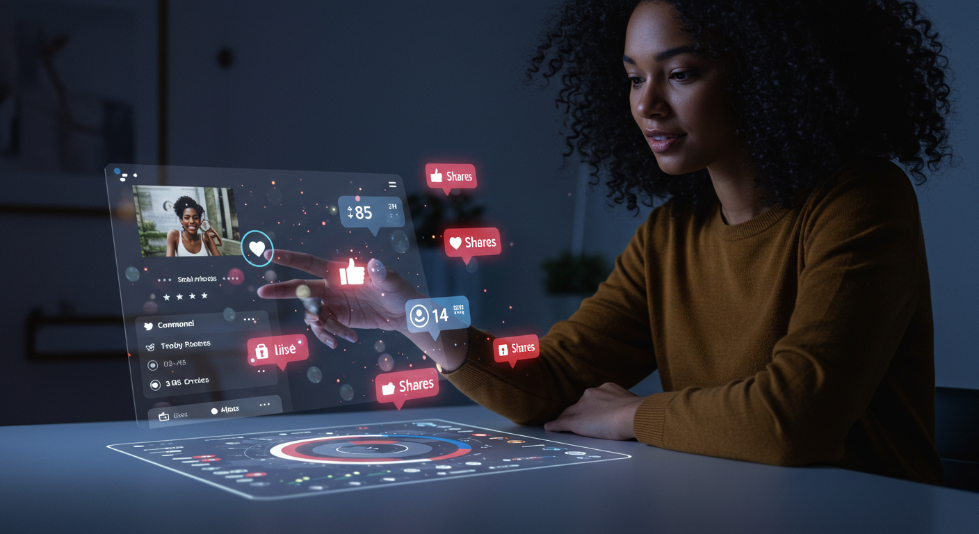 Social media dashboard glowing on screen, person interacting with likes and shares in augmented reality #2