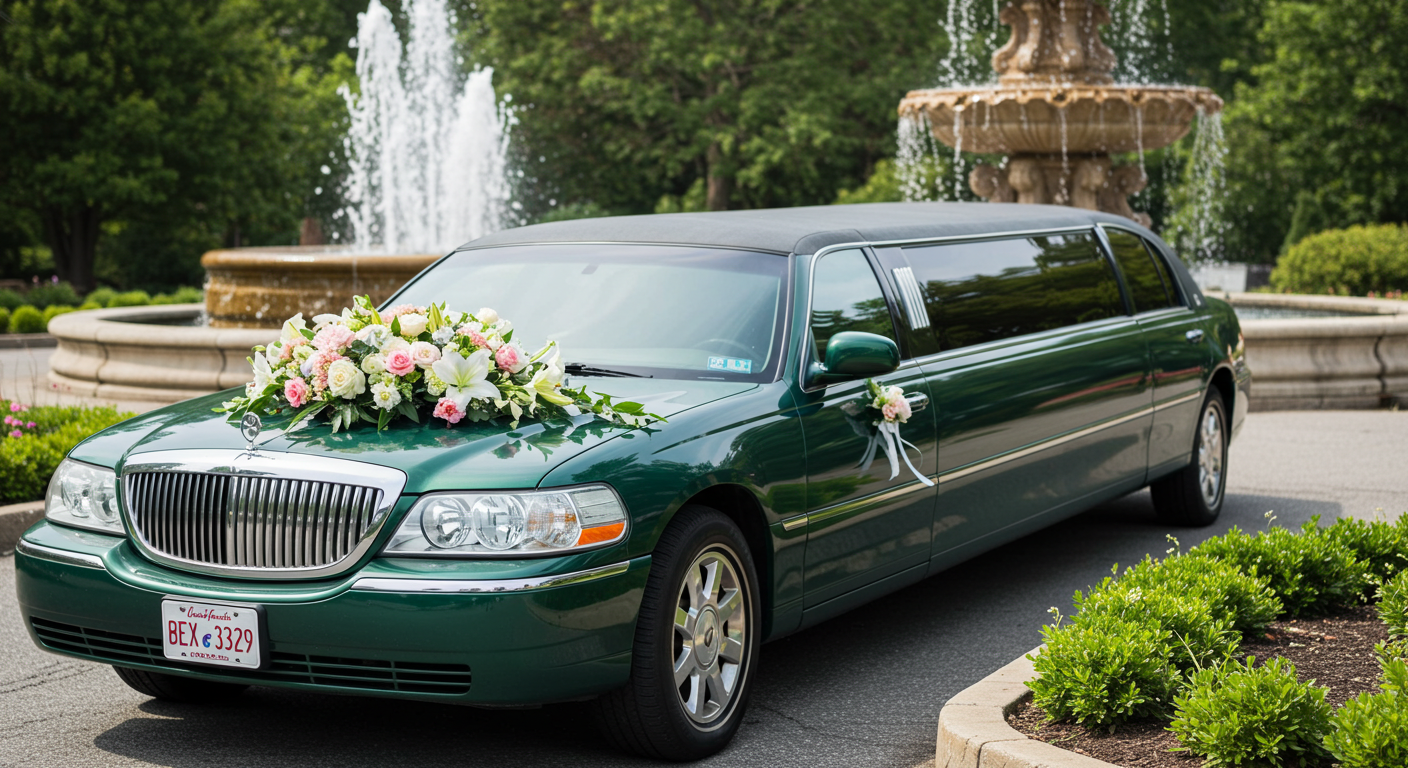 A green wedding limousine parked by a fountain in the day, with a bouquet on the hood #1