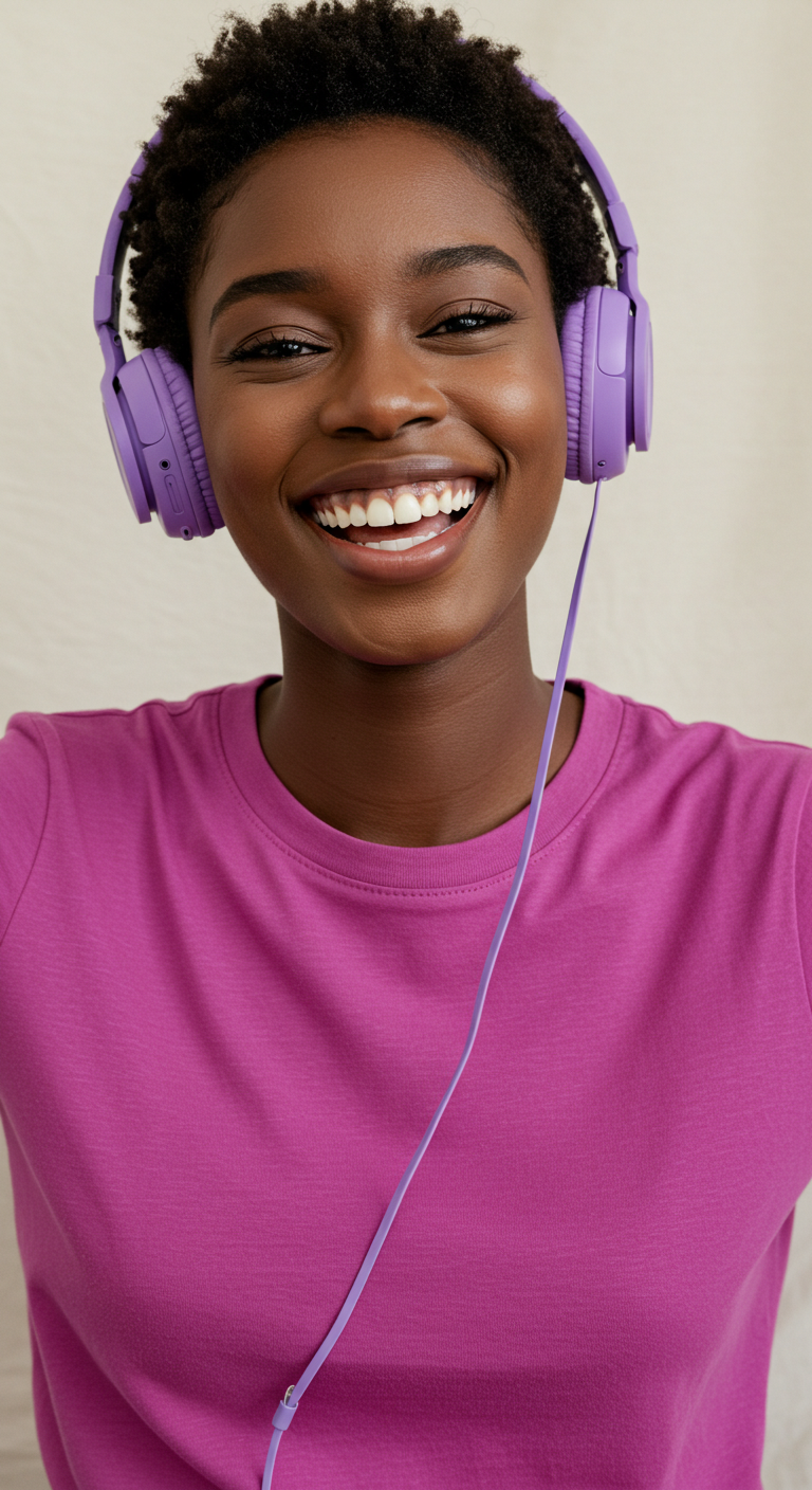 A young black lady in a purple shirt with purple headphones and smiling #4