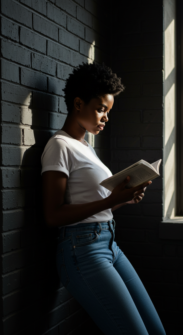 A young black woman reading a book while standing by a black brick wall #2
