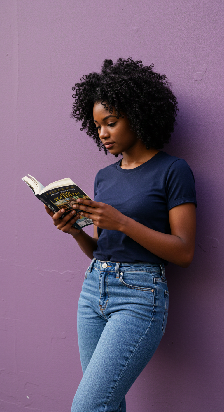 A young black woman reading a book while standing by a purple wall #3