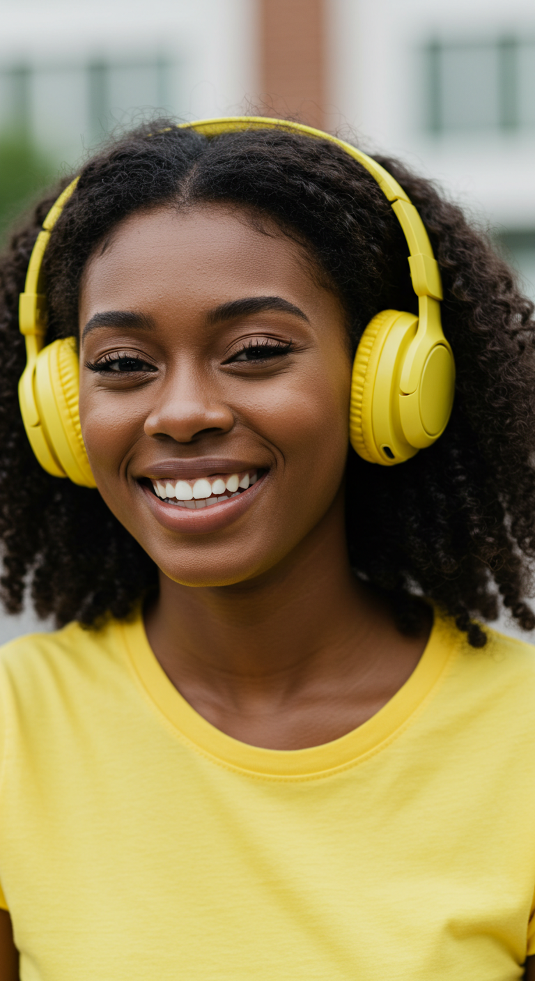 A young black lady in a yellow shirt with yellow headphones and smiling #2