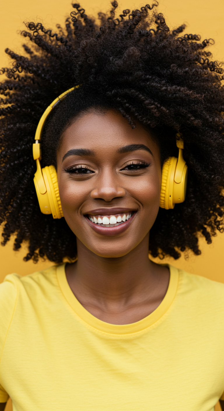 A young black lady in a yellow shirt with yellow headphones and smiling #1