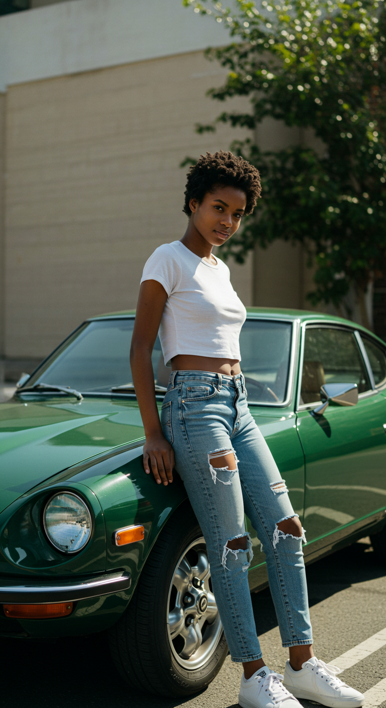 Young black lady standing by her car #3