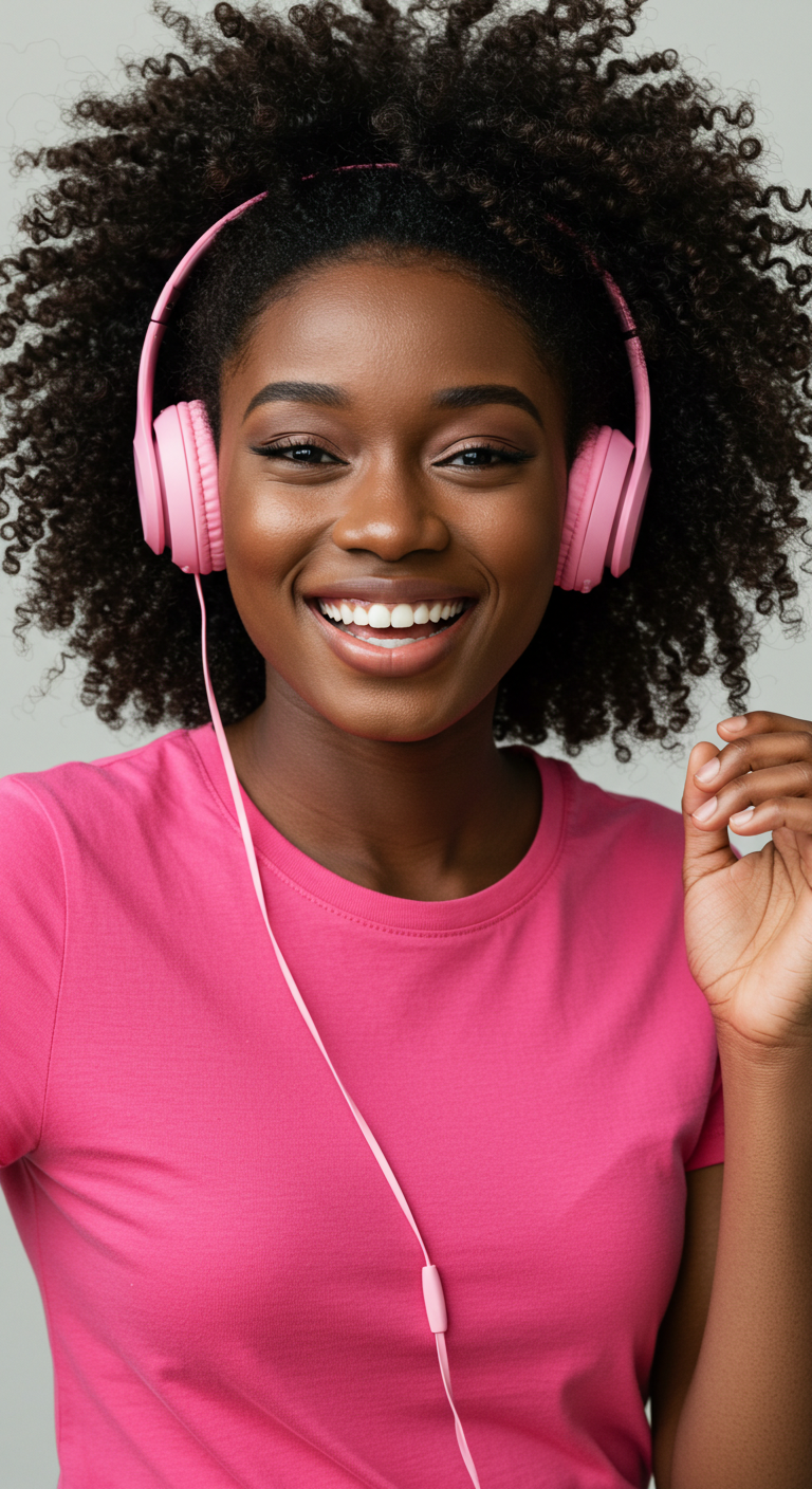 A young black lady in a pink shirt with pink headphones and smiling #3