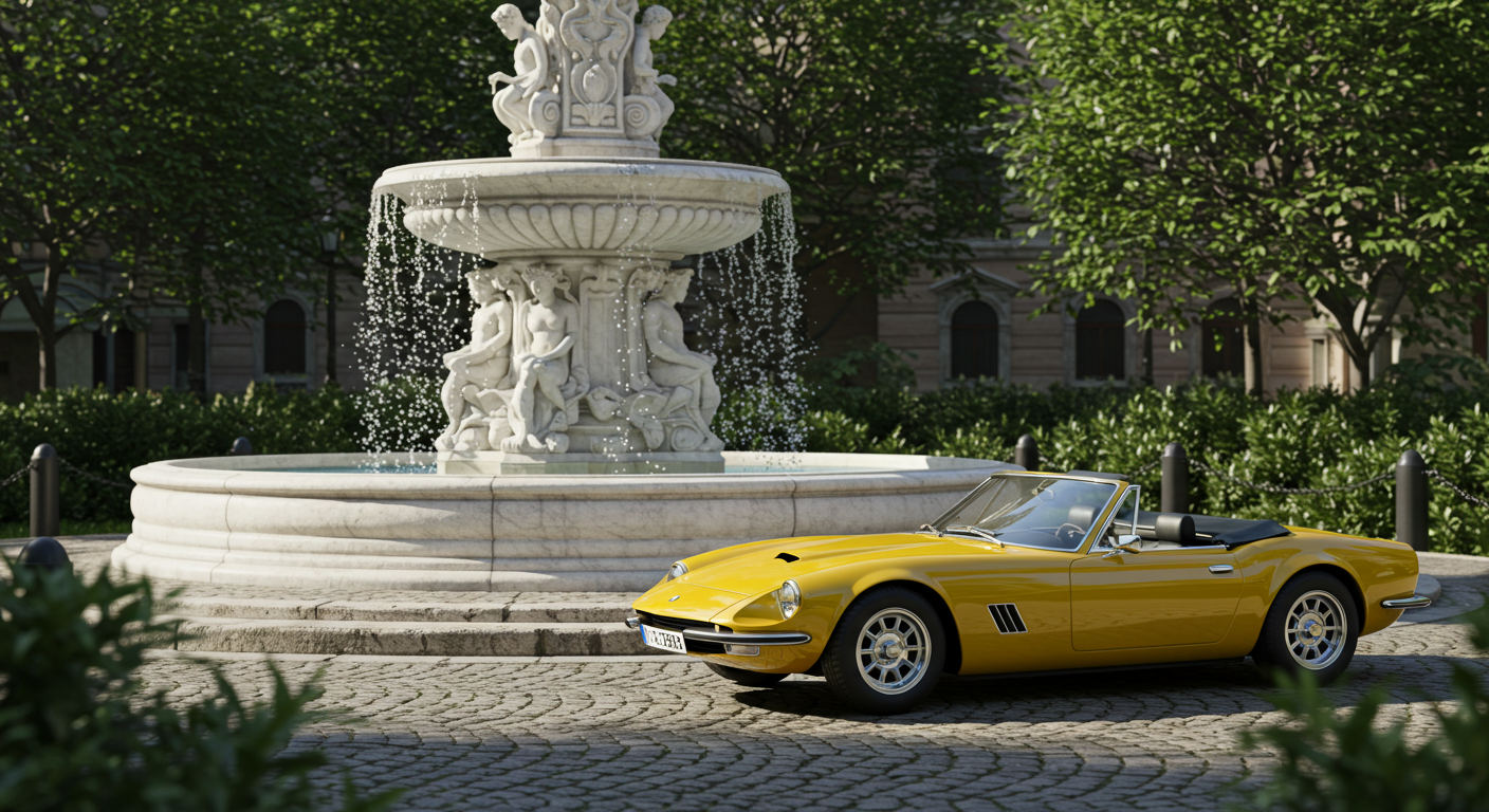 A yellow car parked by a fountain #2