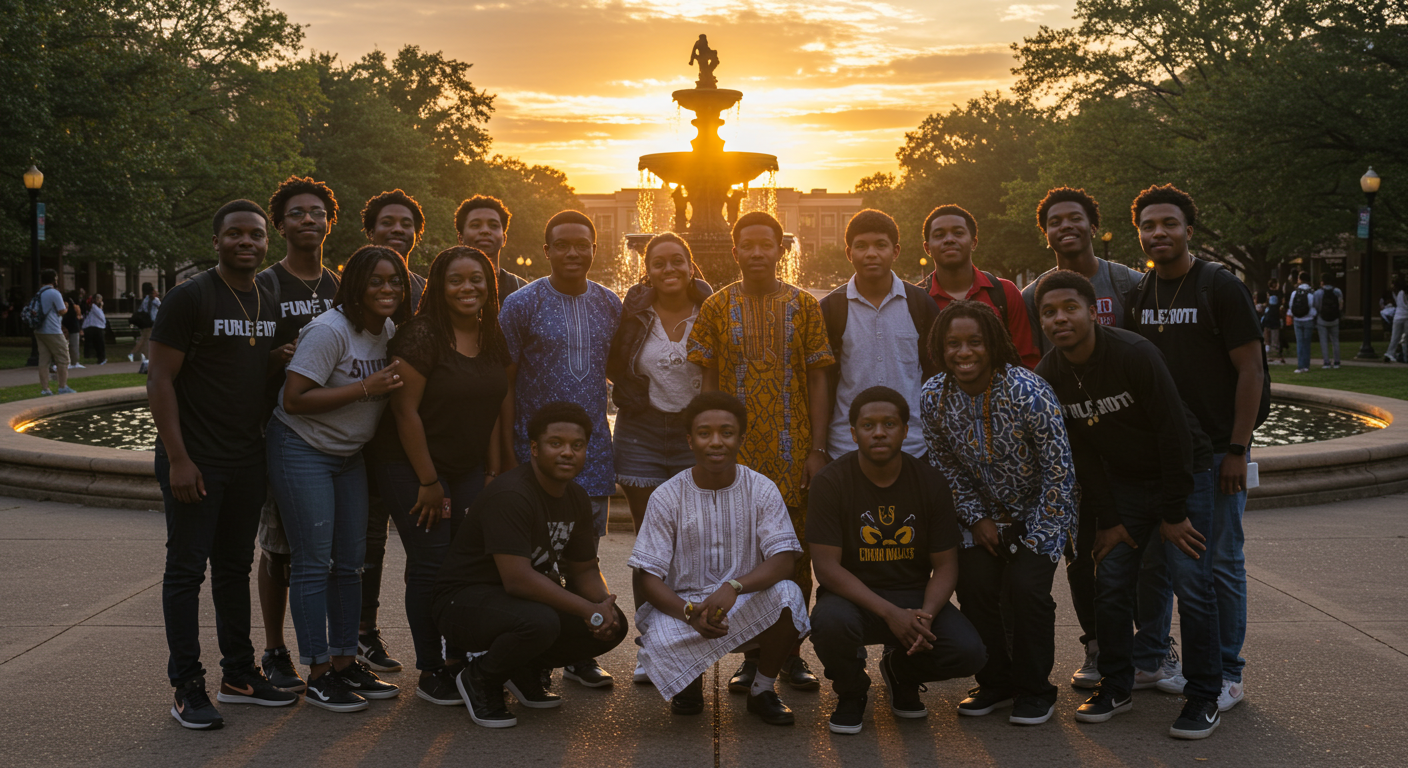 A group of black students posing for the camera at sunset #2