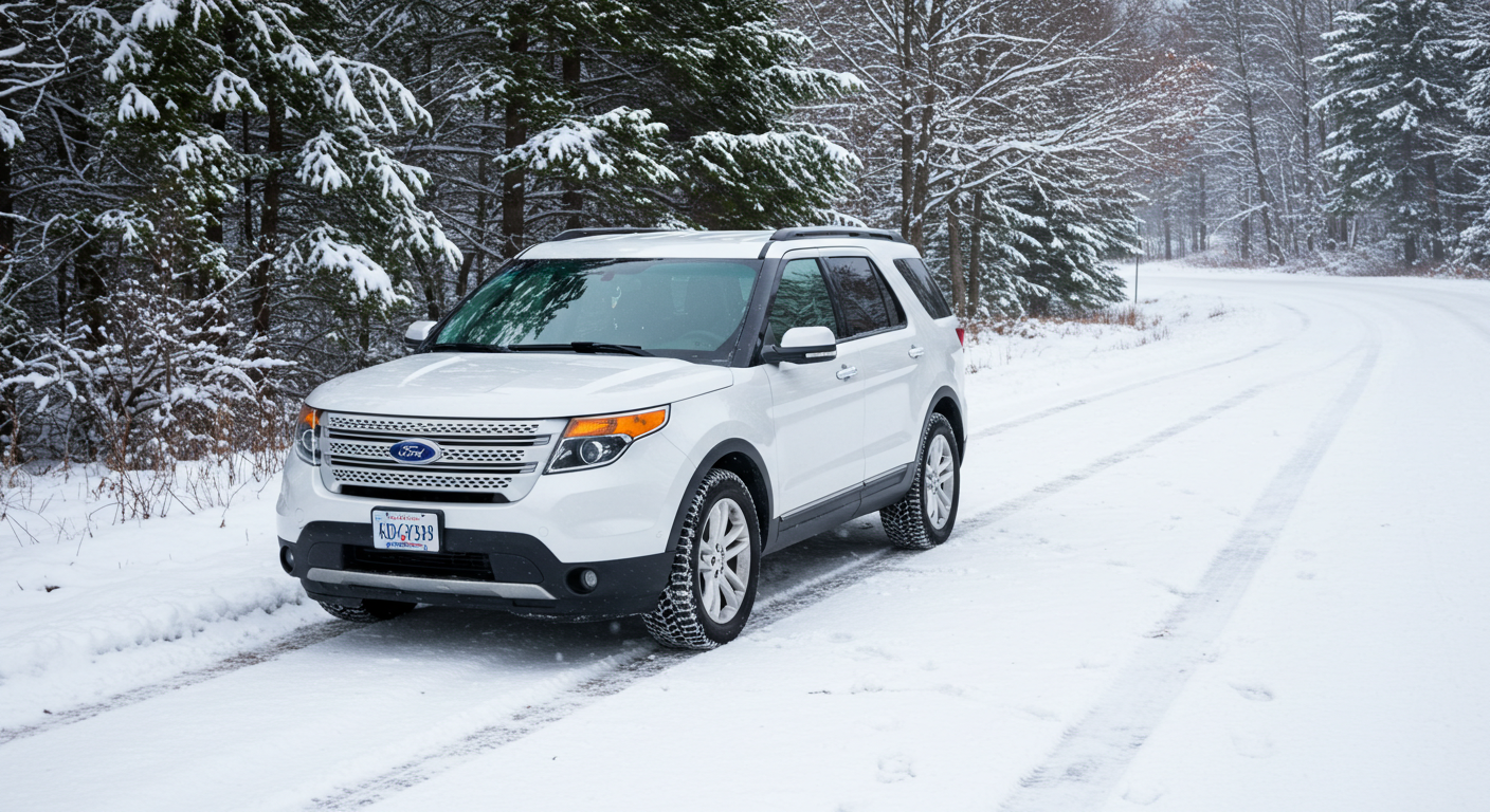 A white SUV parked on the road on a snowy day #3