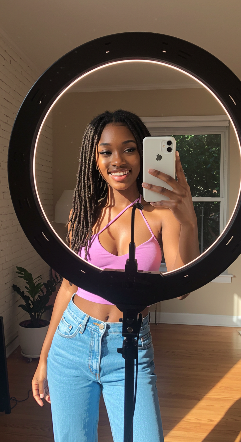 Young black female influencer taking a selfie with a ring light #4