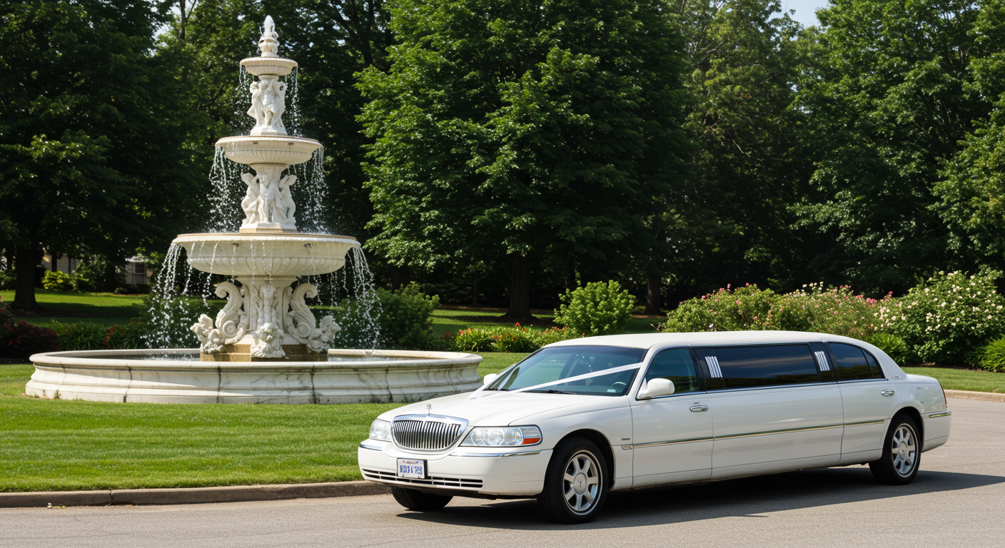 A white wedding limousine parked by a fountain in the day #1