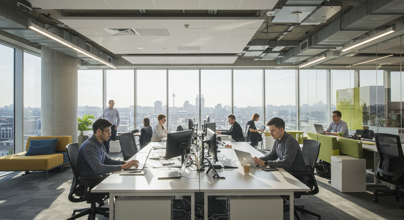 Modern open-plan office with glass walls, laptops on desks, and people #2