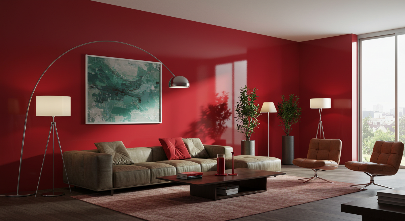 A photo of a modern living room with red paint #1