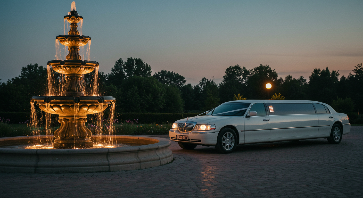 A white wedding limousine parked by a fountain at dusk #3