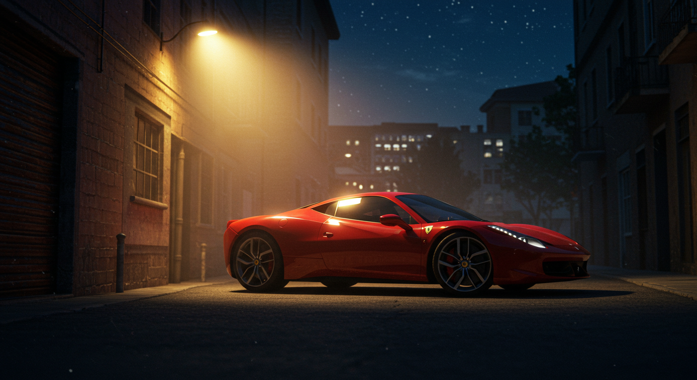 A red sports car parked under a street light at night #4