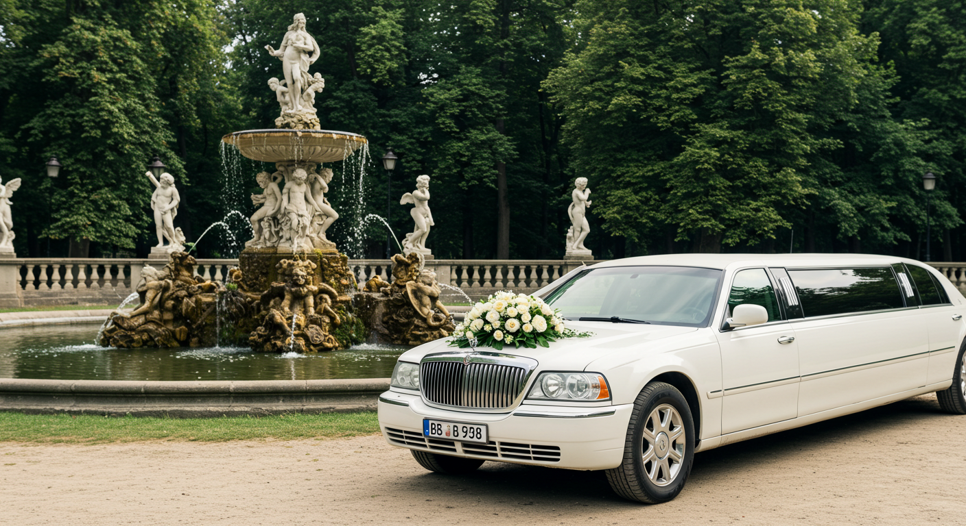 A white wedding limousine parked by a fountain in the day, with a bouquet on it #1