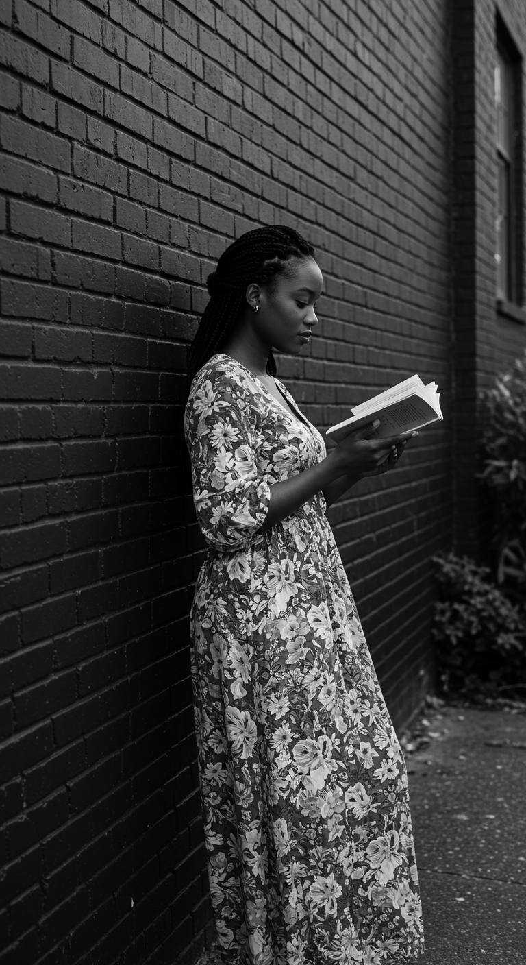 A young black woman reading a book while standing by a black brick wall #3