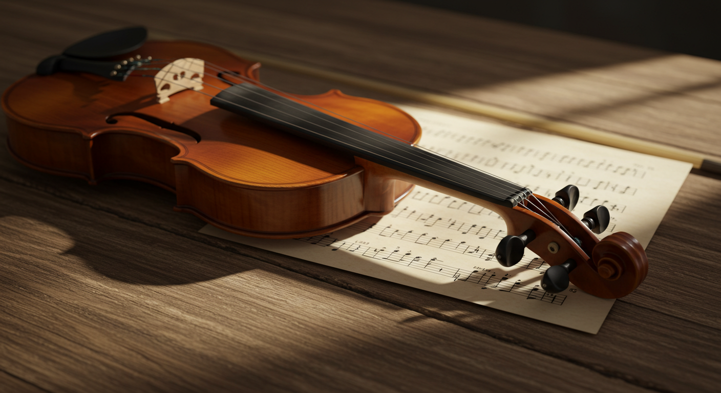 Close-up of a violin on a rustic wooden table with sheet music beside it #4