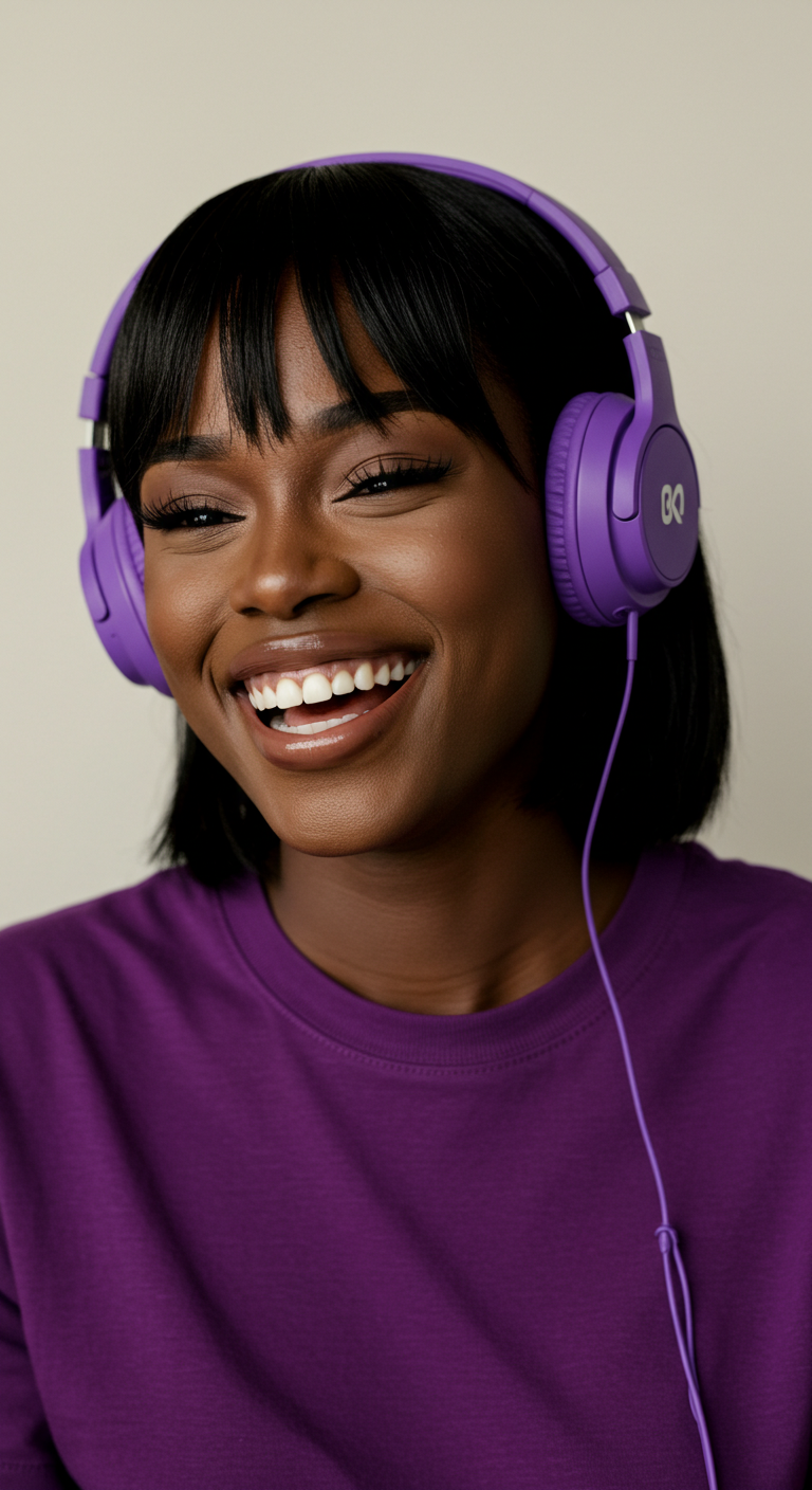 A young black lady in a purple shirt with purple headphones and smiling #3