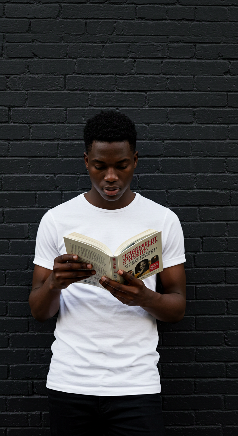 A young black man reading a book while standing by a black brick wall #4