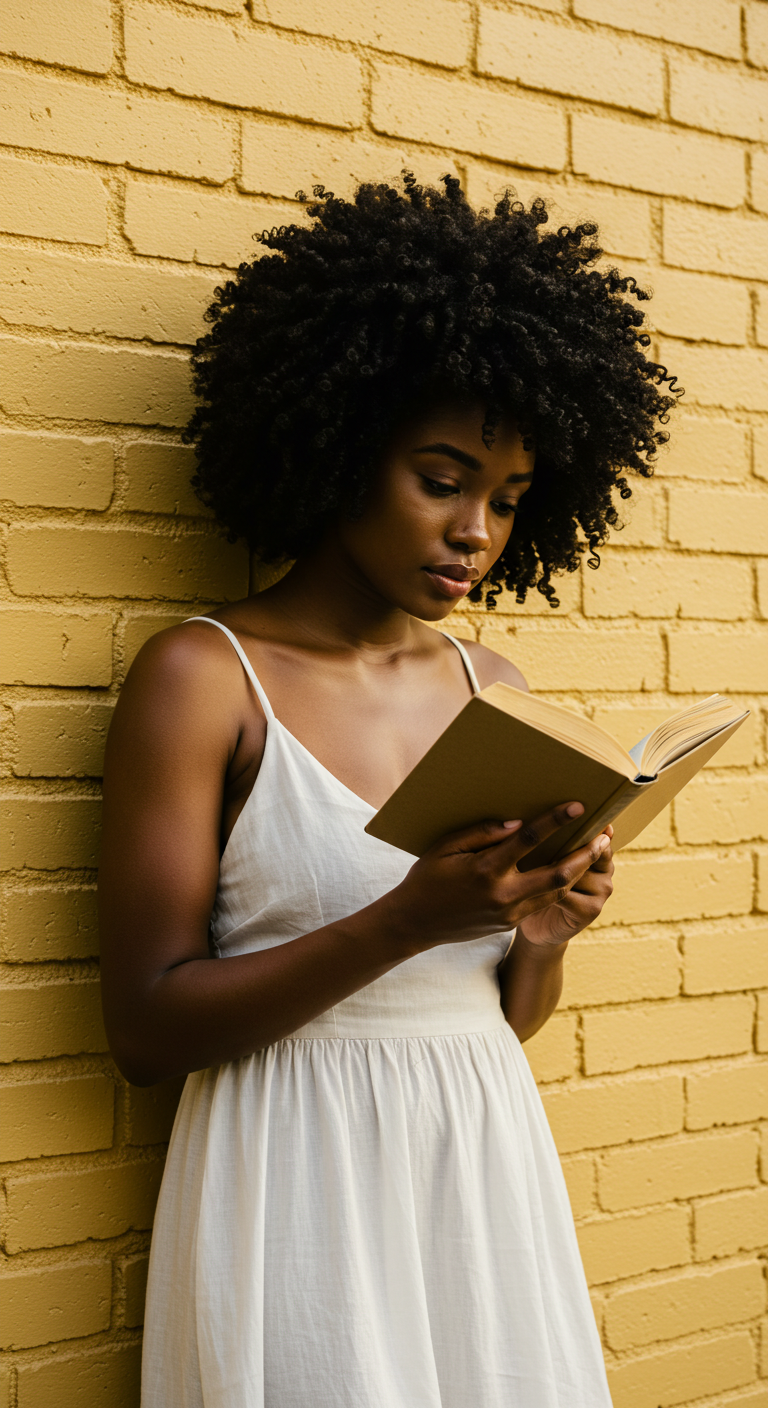 A young black woman reading a book while standing by a yellow brick wall #4