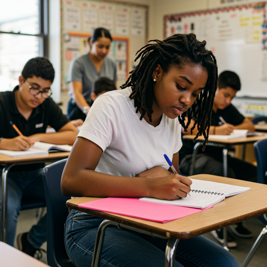 A young black female student writing in class #4