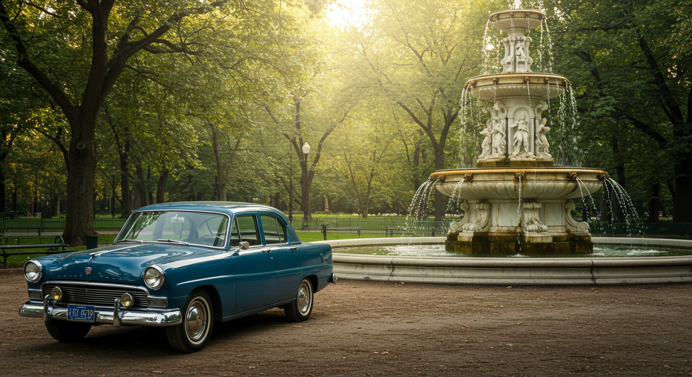 A blue car parked by a fountain #1