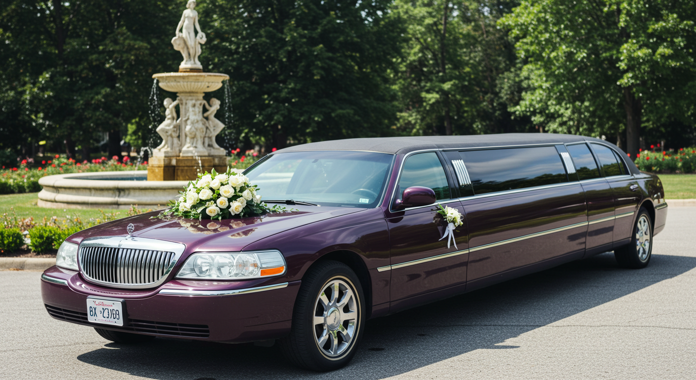 A purple wedding limousine parked by a fountain in the day, with a bouquet on it #2