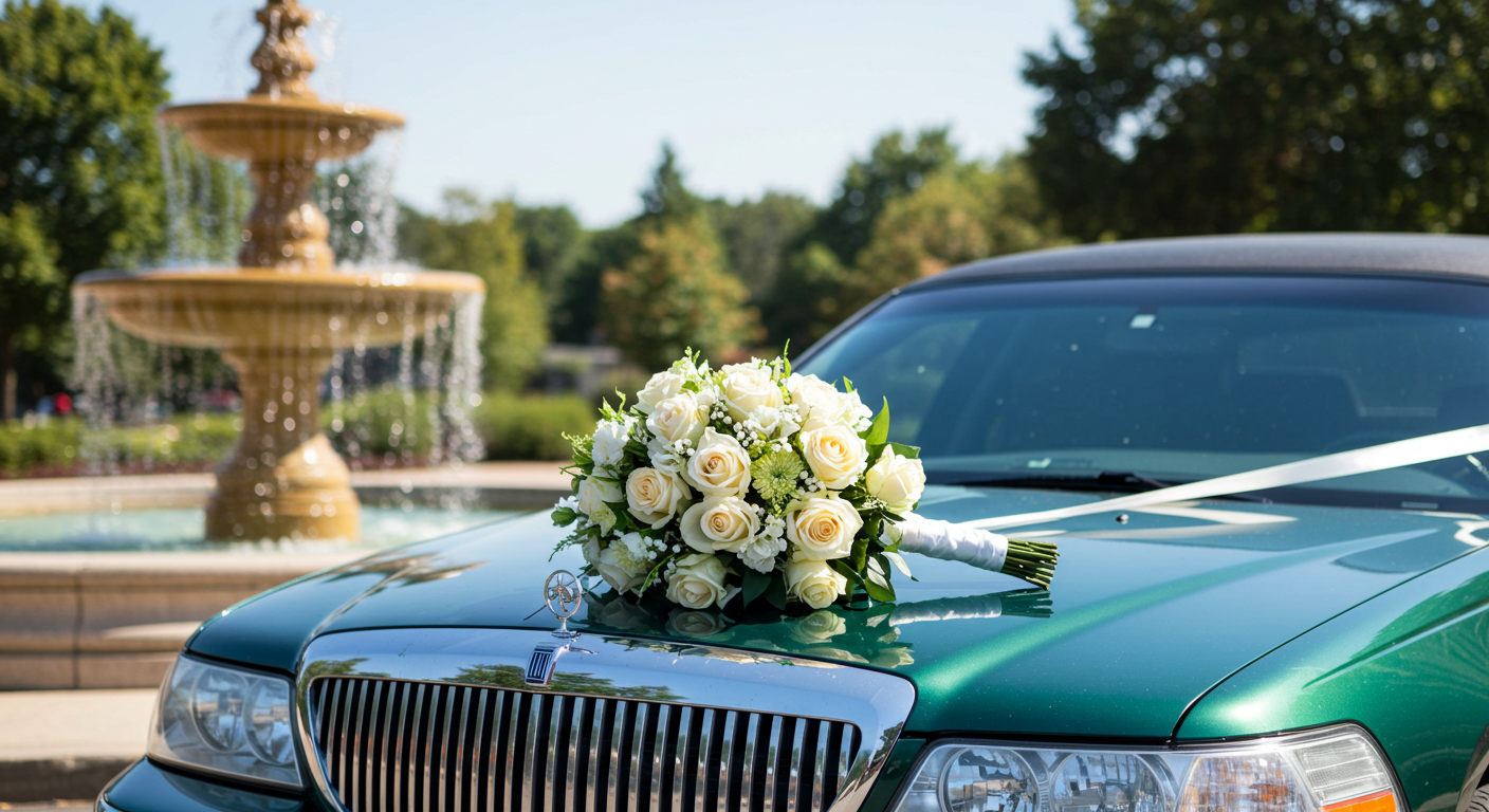 A green wedding limousine parked by a fountain in the day, with a bouquet on the hood #3