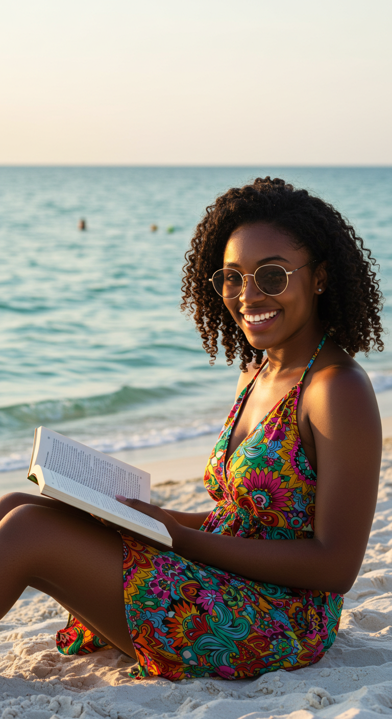 A young black woman reading a book while sitting at the beach #2