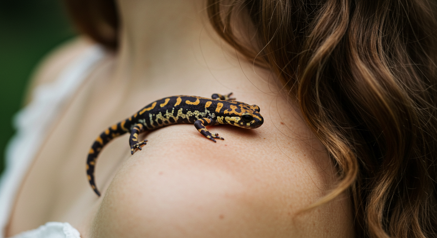Close-up of a salamander on a lady's back as a pet #1