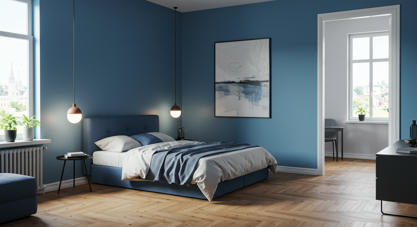 A modern bedroom with blue walls #1