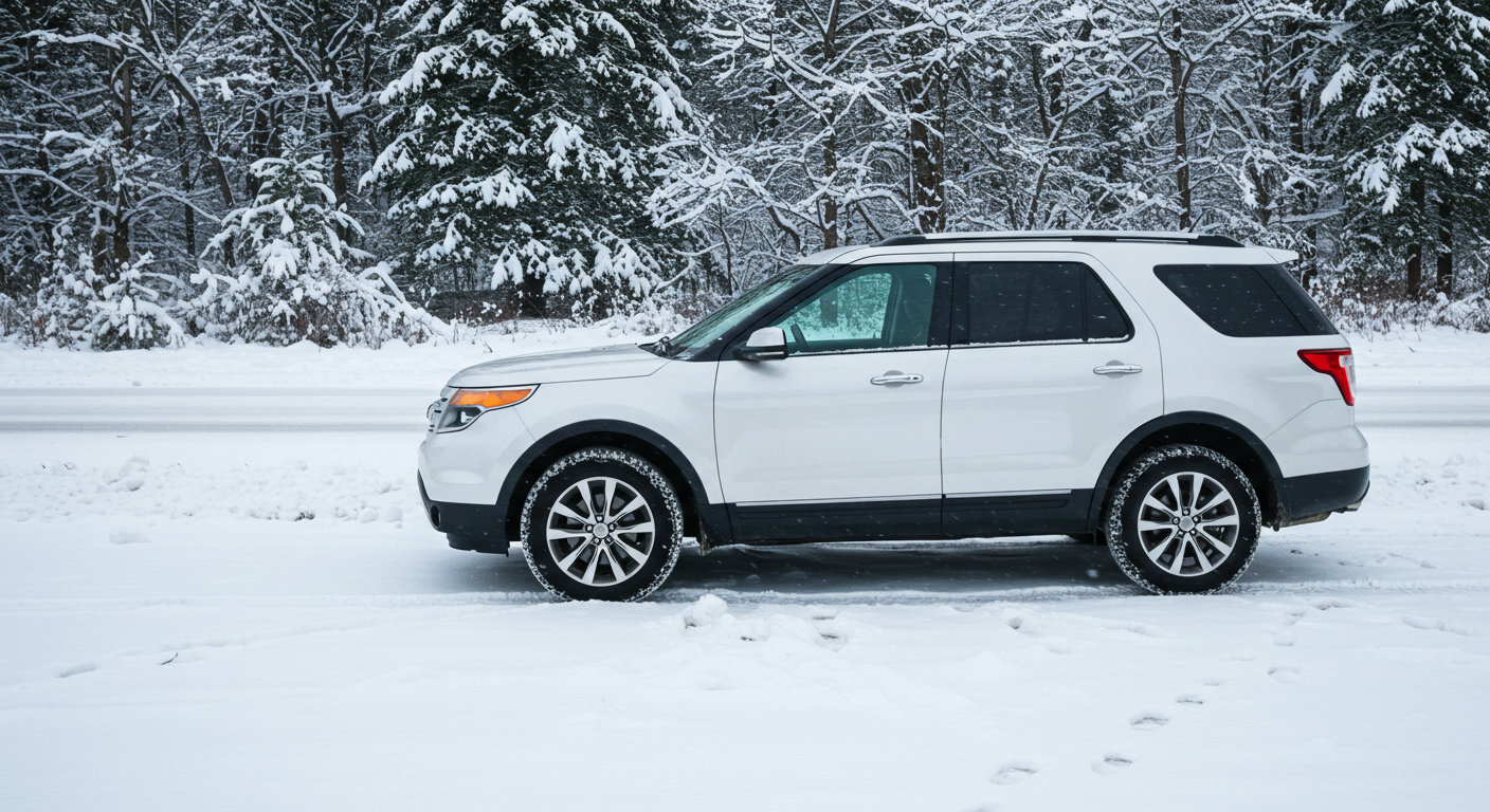 A white SUV parked on the road on a snowy day #2