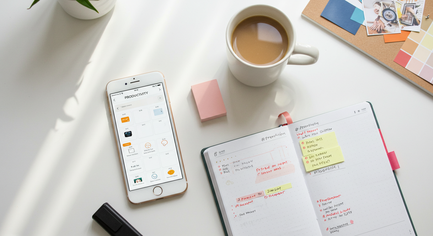 Flat lay of phone, planner, coffee, and mood board on white workspace #4