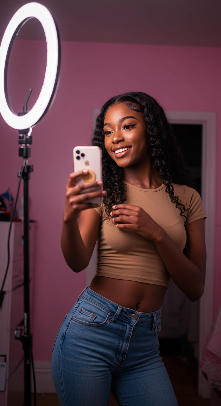 Young black female influencer taking a selfie with a ring light #2