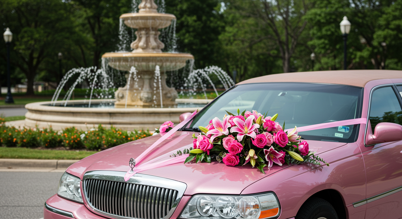 A pink wedding limousine parked by a fountain in the day, with a bouquet on the hood #1