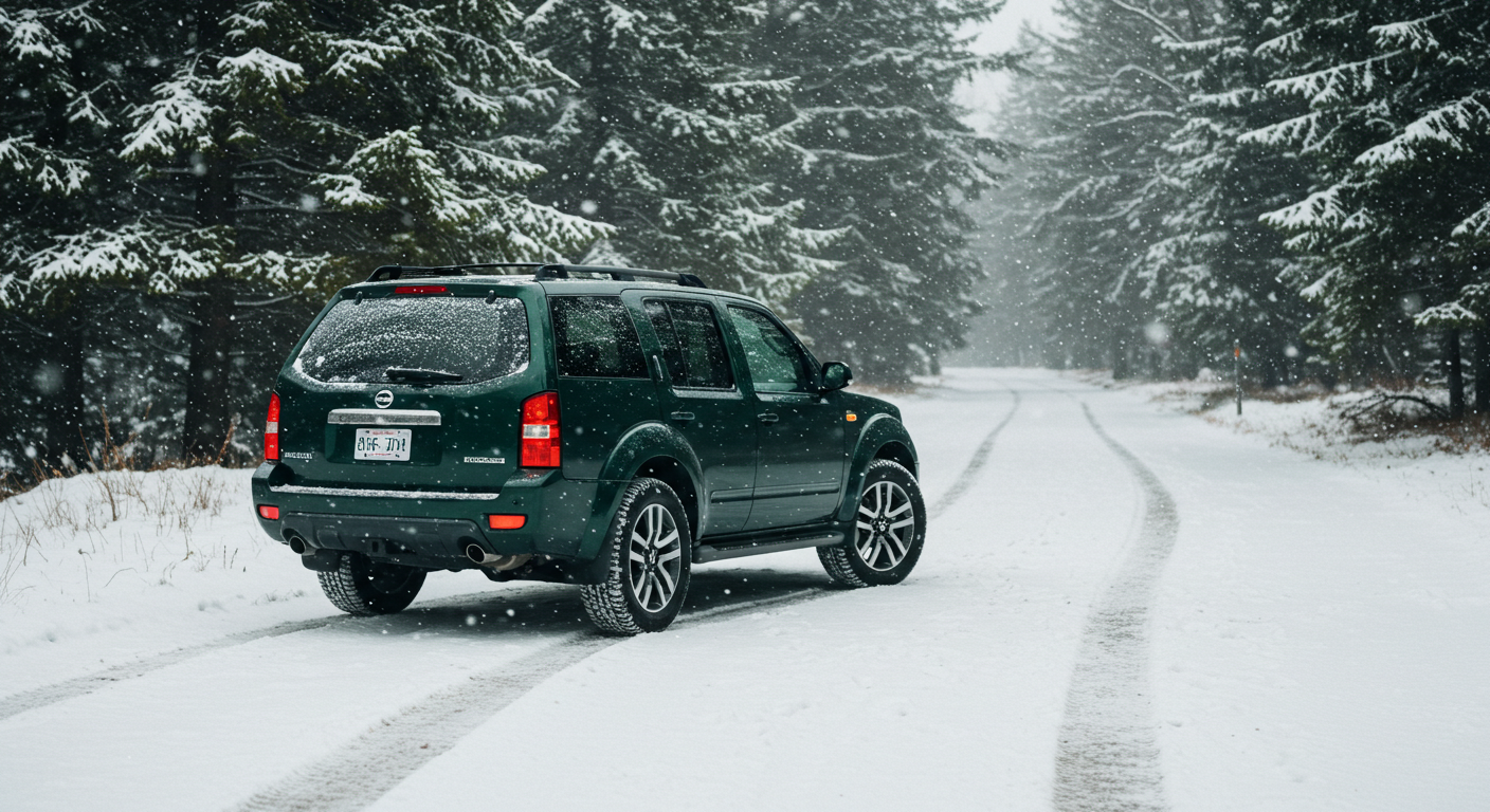 A green SUV parked on the road on a snowy day #1