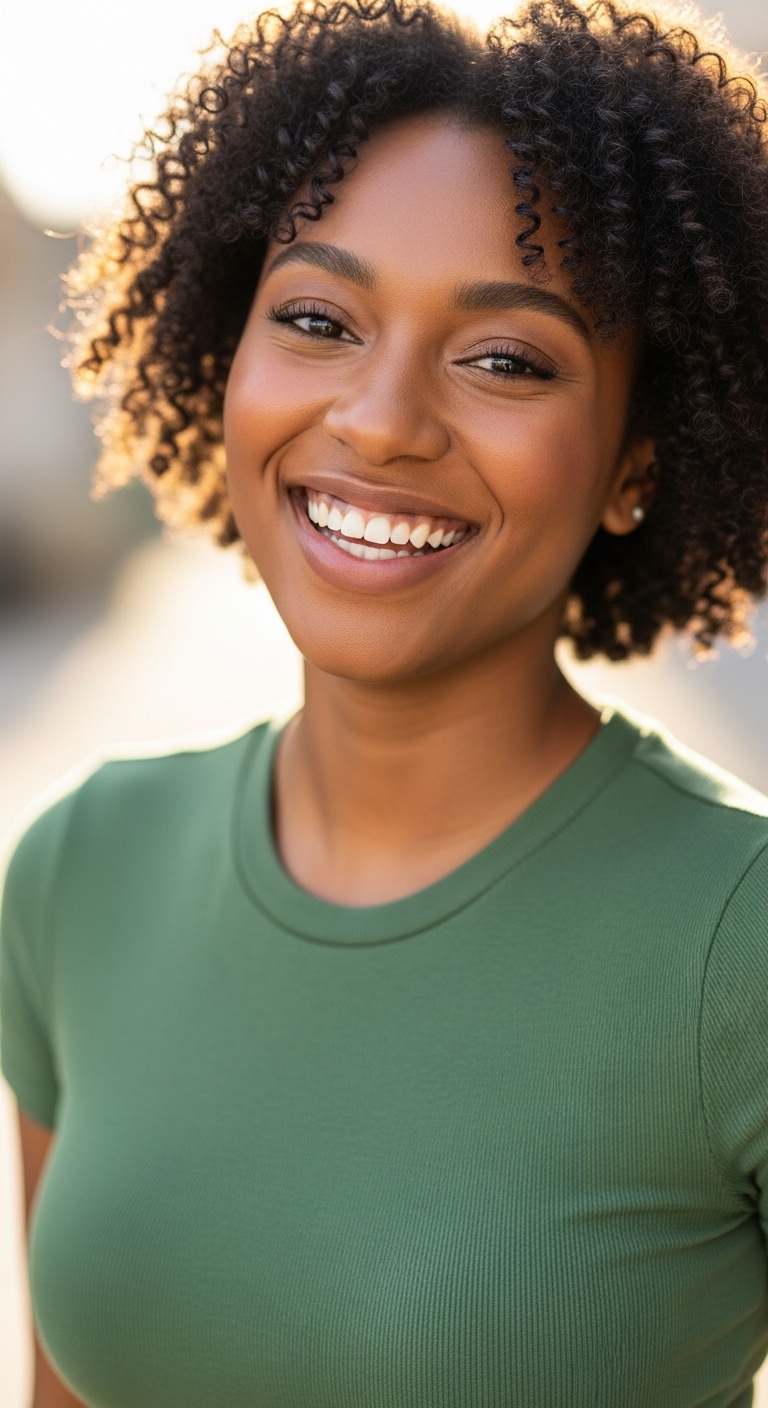 A young black woman in a green shirt smiling #2