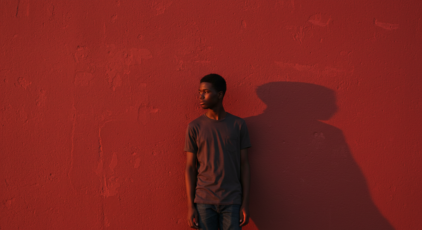 A young black man standing by a red wall in a far-off shot #2