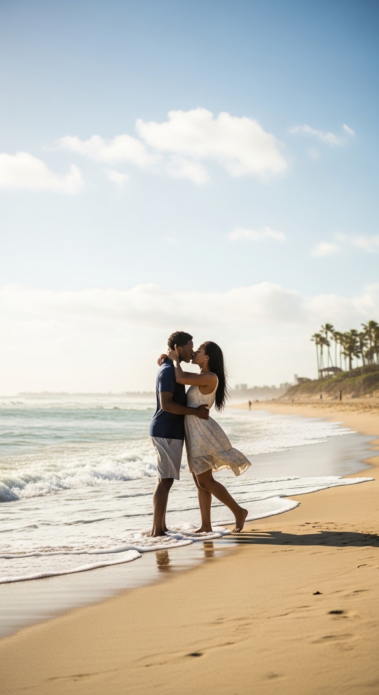 A young black man and woman kissing at the beach #3