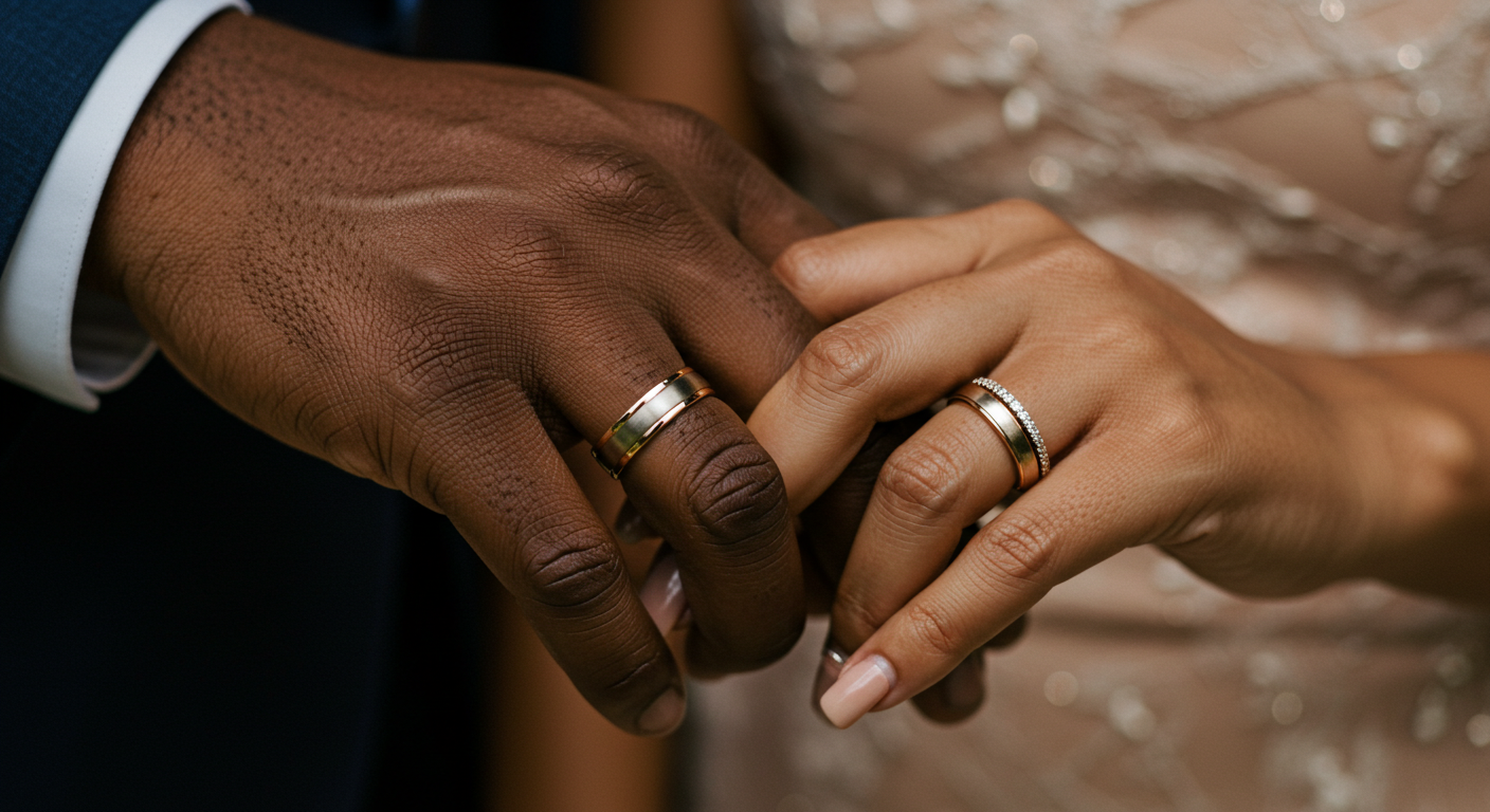 A black man and a woman's hands held together, showing their rings #3